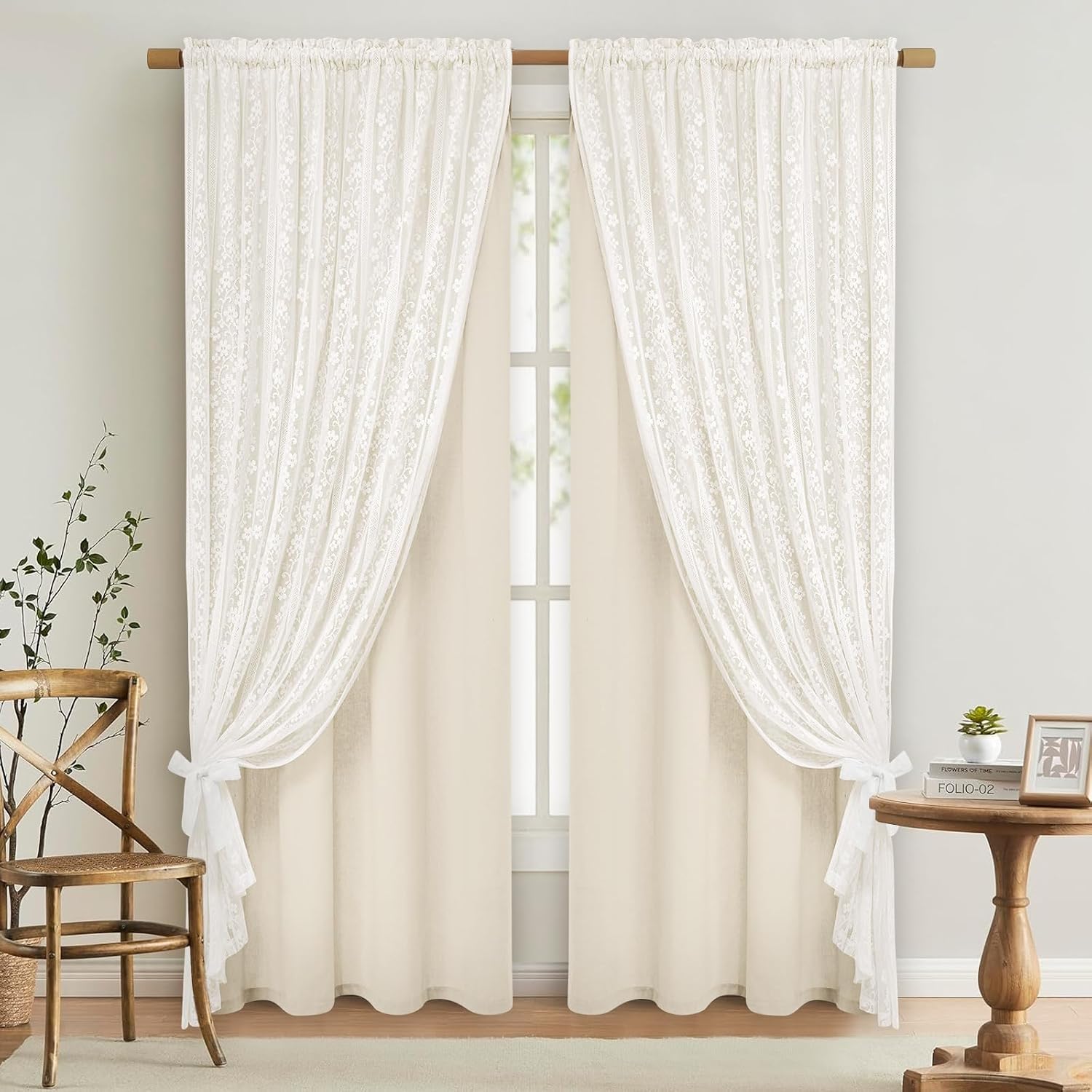 Beige Boho Linen Double Layer Curtains 2 Panels