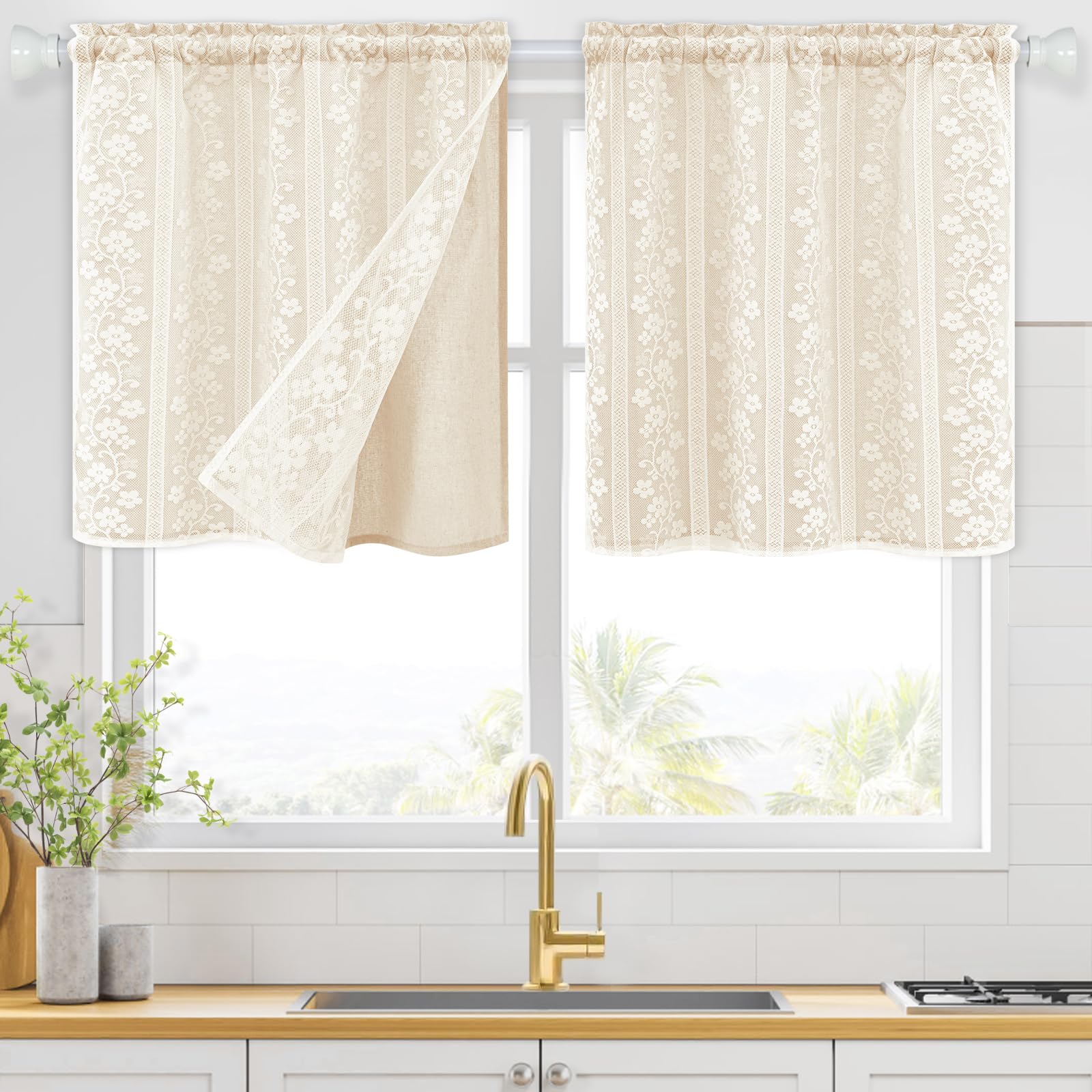 Beige Boho Linen Double Layer Curtains 2 Panels