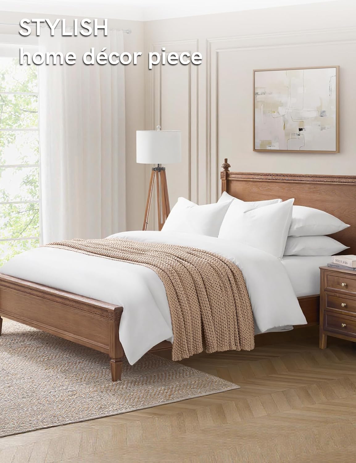 Beige Cable Knit Cotton Throw Blanket