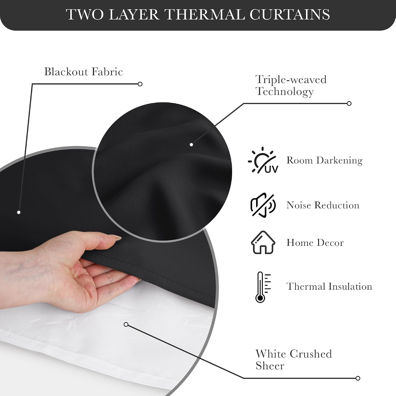 Black Double Layer Short Blackout Curtains 63 Inch 2 Panels