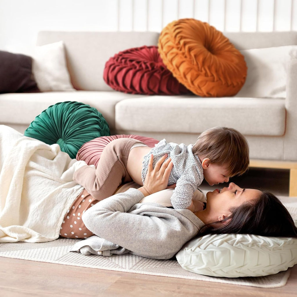 Orange Pleated Velvet Round Pillow