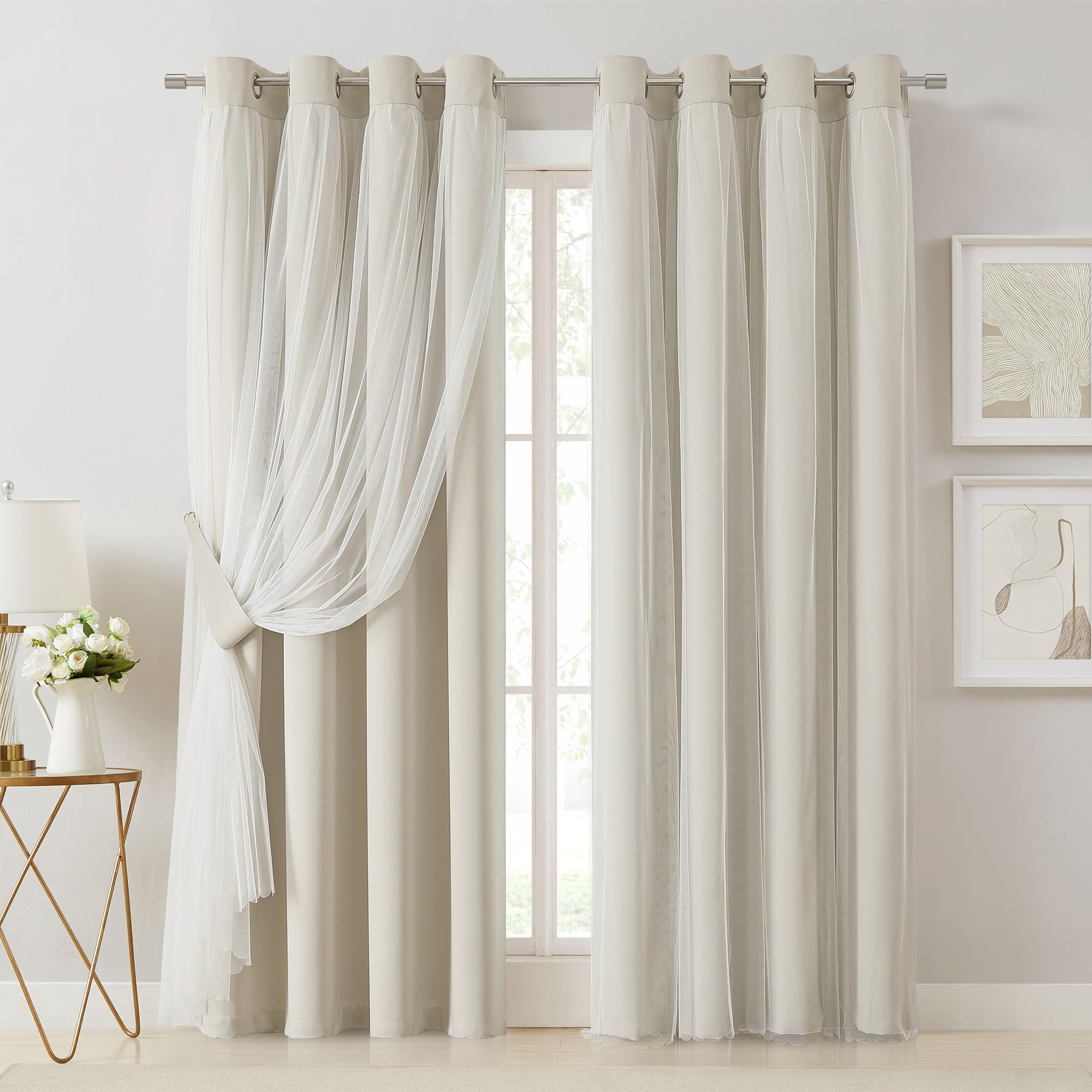Beige Double Layer Thermal Blackout Curtains 2 Panels