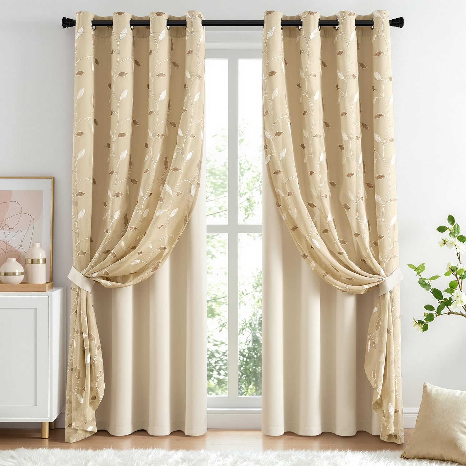 Beige Floral Double Layer Blackout Curtains 2 Panels