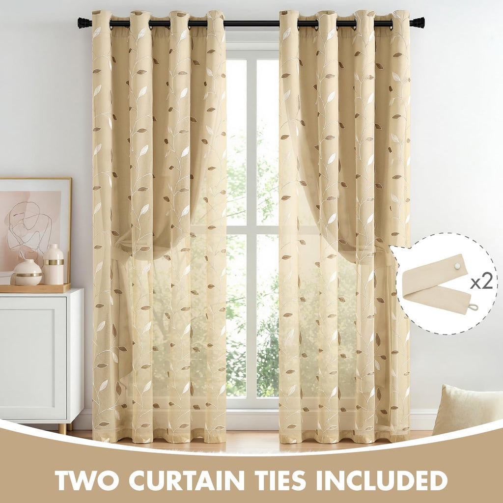 Beige Floral Double Layer Blackout Curtains 2 Panels
