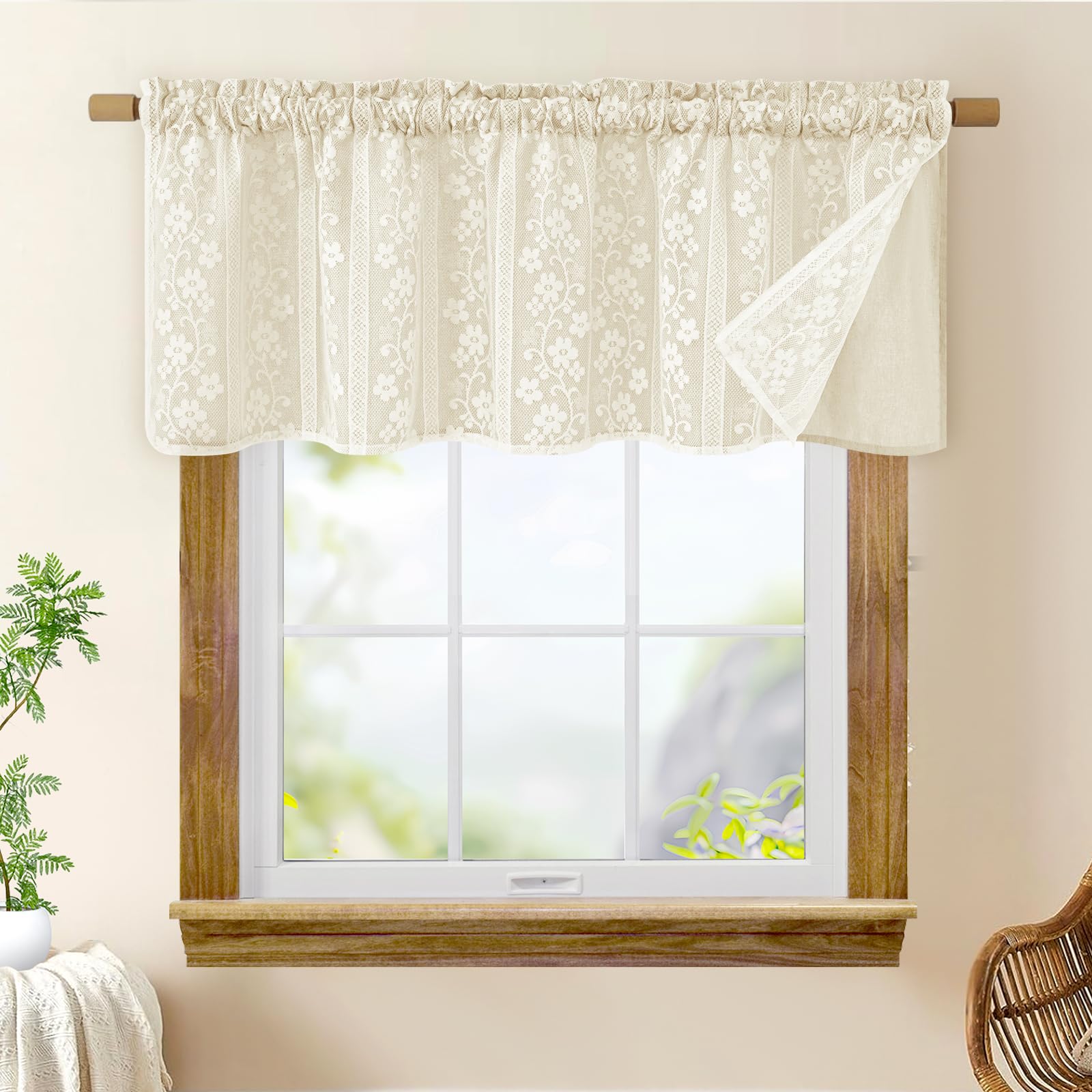 Beige Boho Linen Double Layer Curtains 2 Panels
