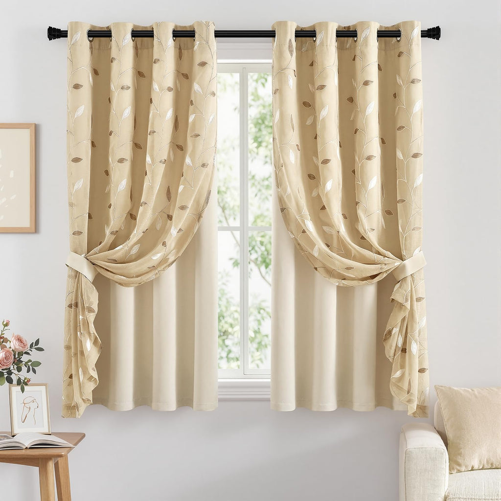 Beige Floral Double Layer Blackout Curtains 2 Panels