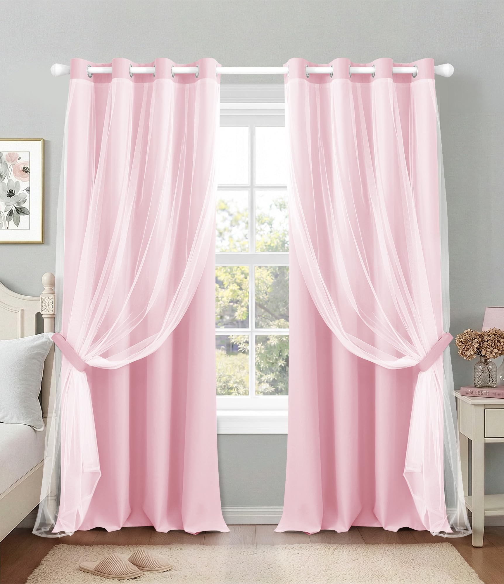 Pink Double Layer 100% Blackout Curtains 96 Inch 2 Panels