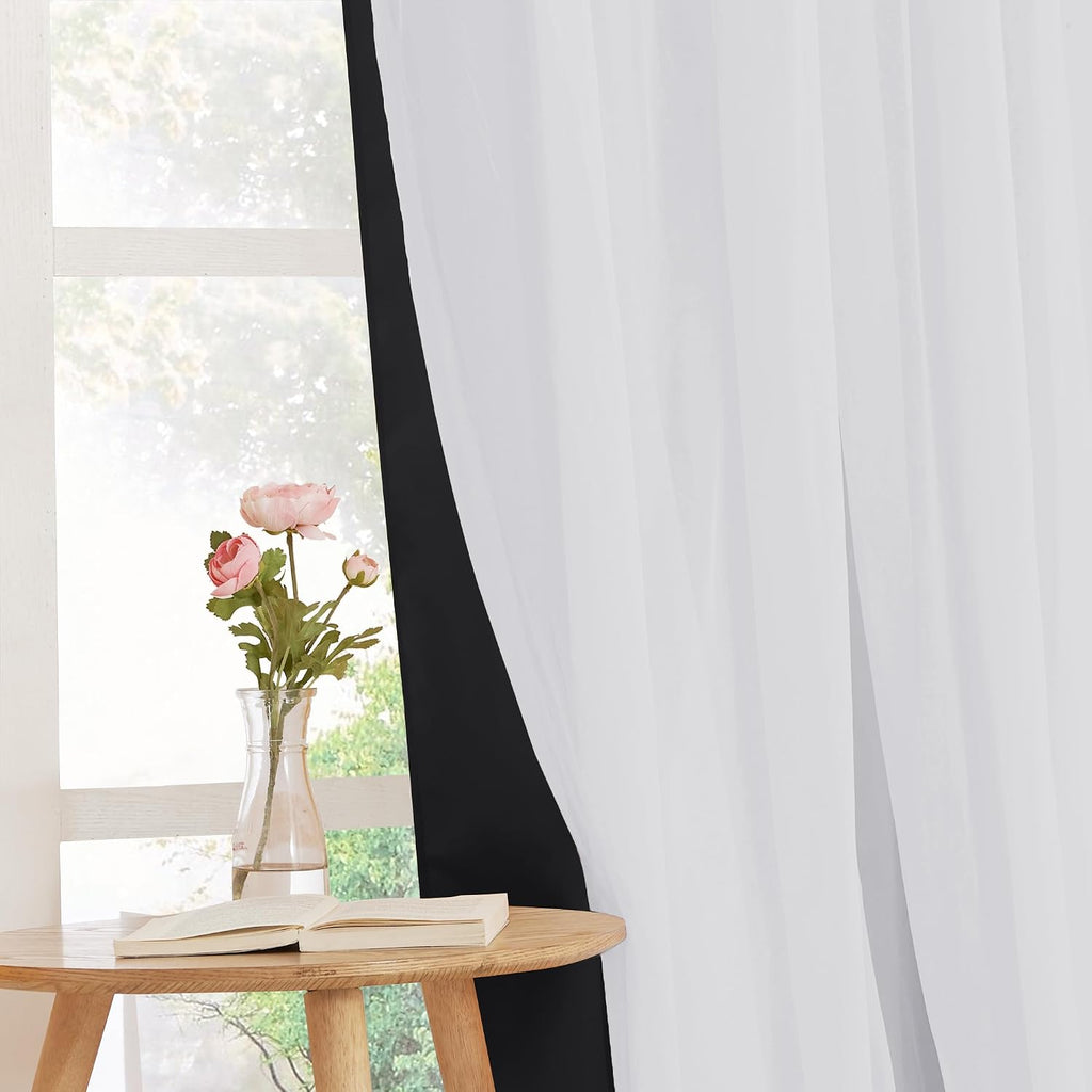 Black Double Layer Short Blackout Curtains 63 Inch 2 Panels