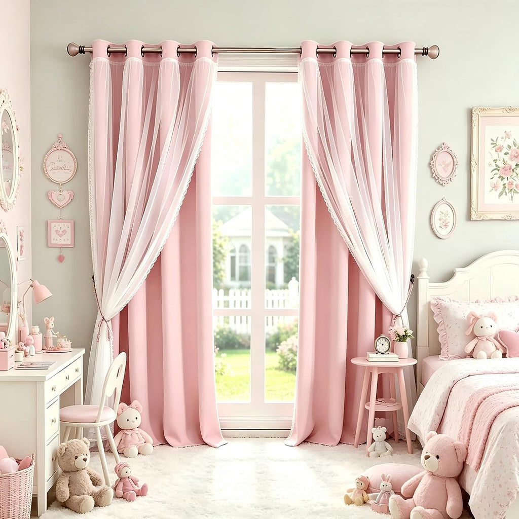Pink Lace Blackout Curtains 2 Panels
