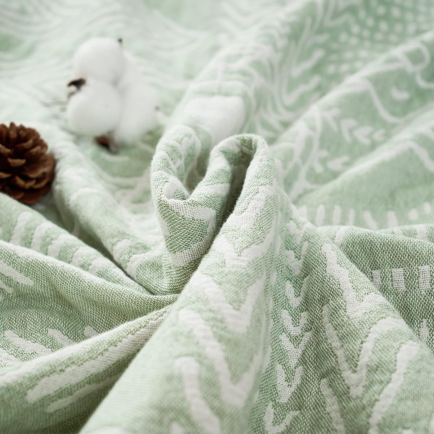 Green Striped Muslin Cotton Boho Throw Blanket
