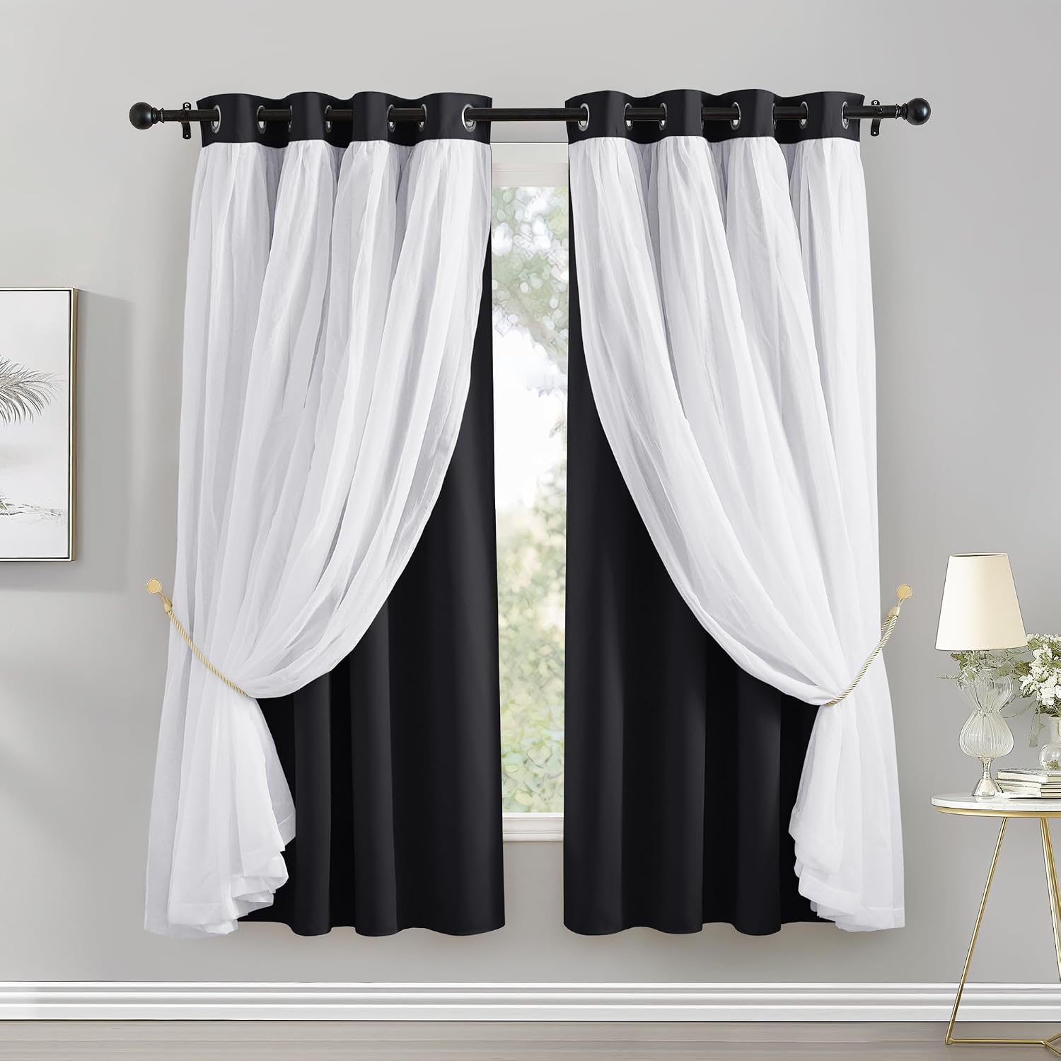 Black Double Layer Short Blackout Curtains 63 Inch 2 Panels