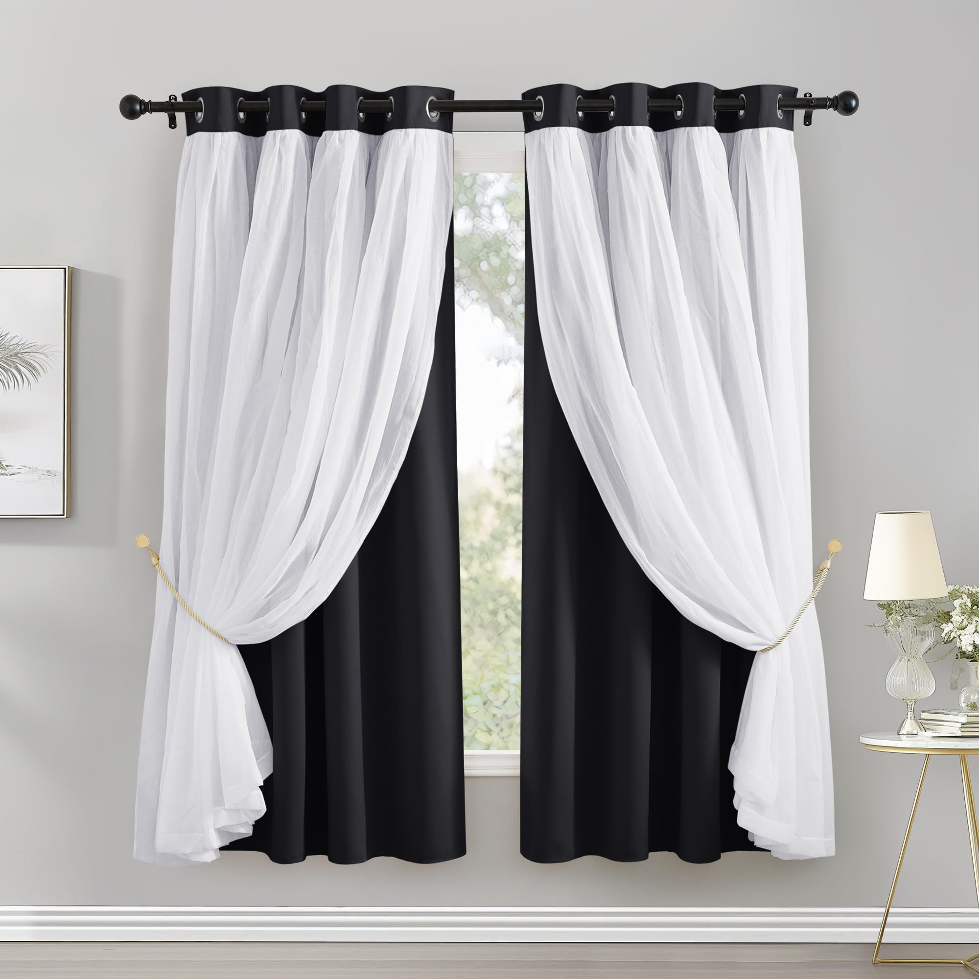 Black Double Layer Short Blackout Curtains 63 Inch 2 Panels
