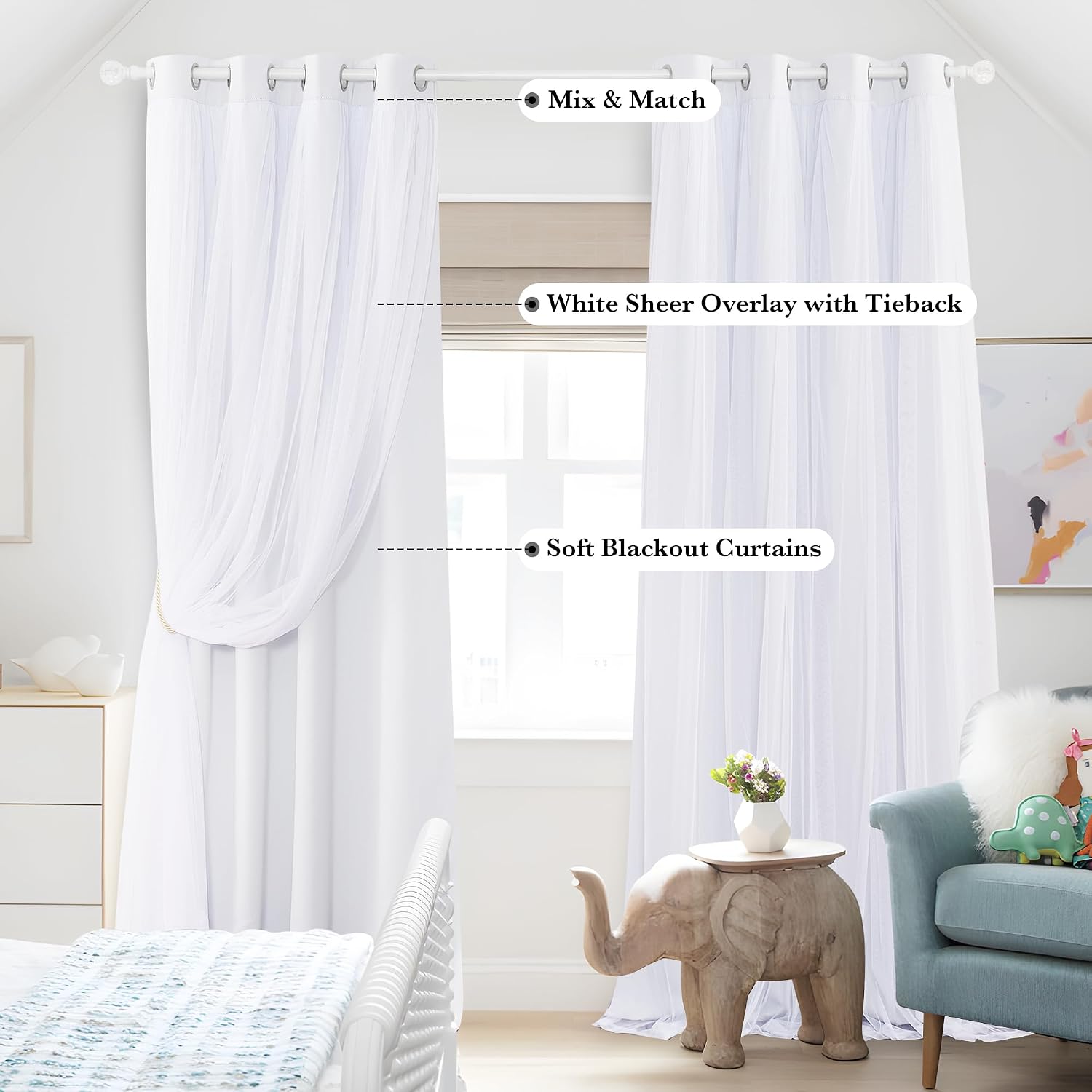 White Double Layer Thermal Blackout Curtains 2 Panels