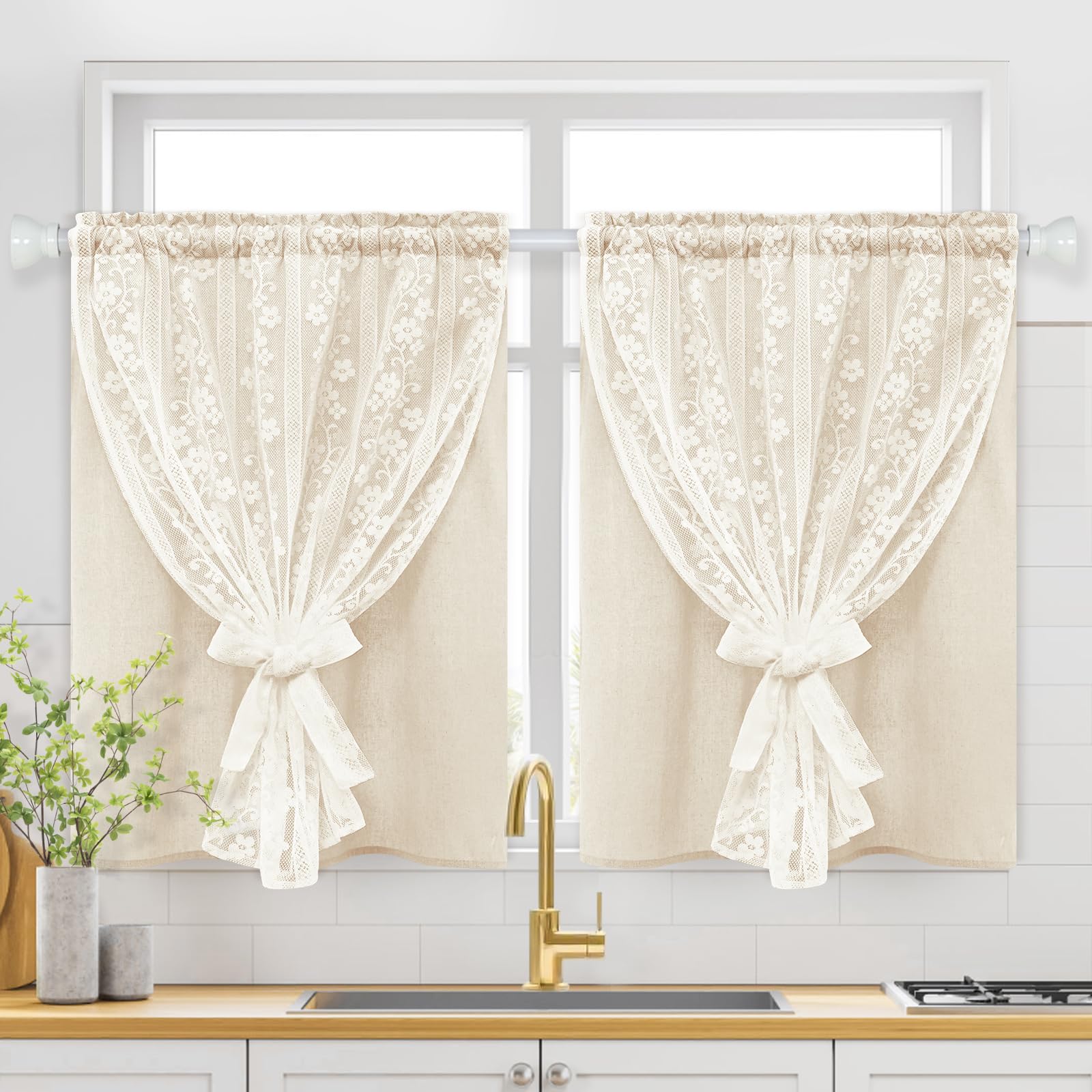 Beige Boho Linen Double Layer Curtains 2 Panels