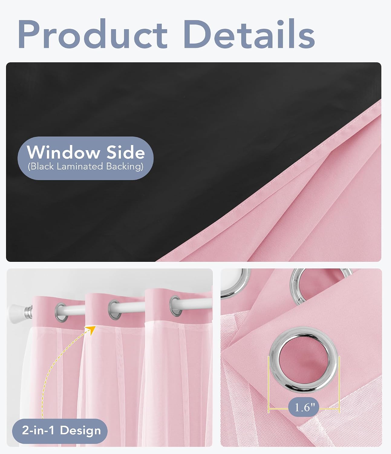 Pink Double Layer 100% Blackout Curtains 96 Inch 2 Panels