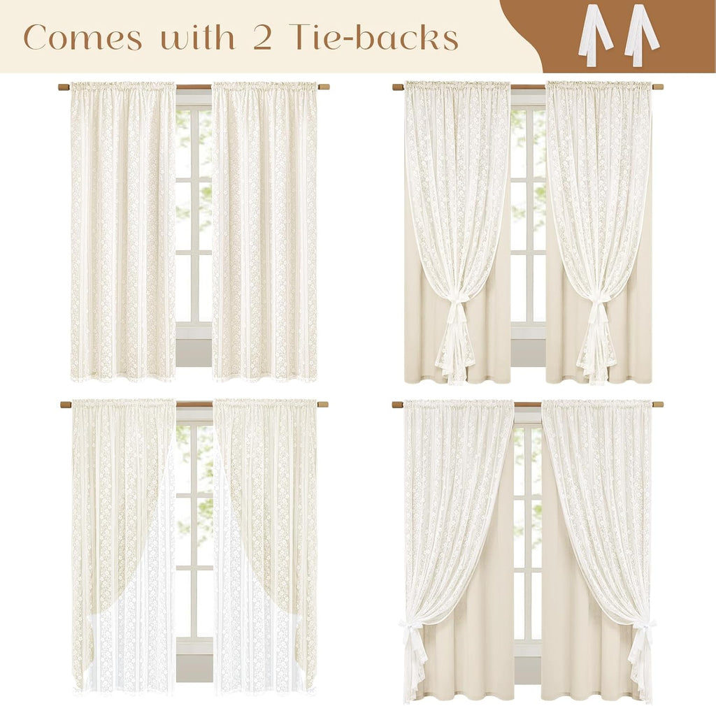 Beige Boho Linen Double Layer Curtains 2 Panels