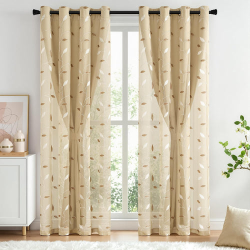 Beige Floral Double Layer Blackout Curtains 2 Panels