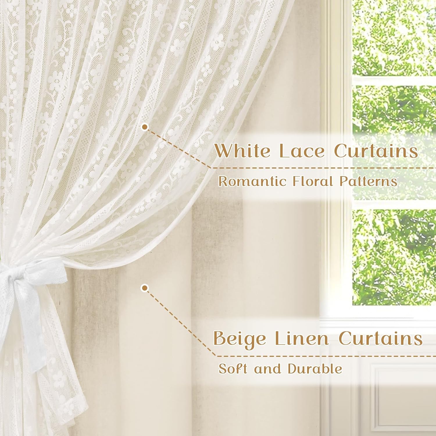 Beige Boho Linen Double Layer Curtains 2 Panels