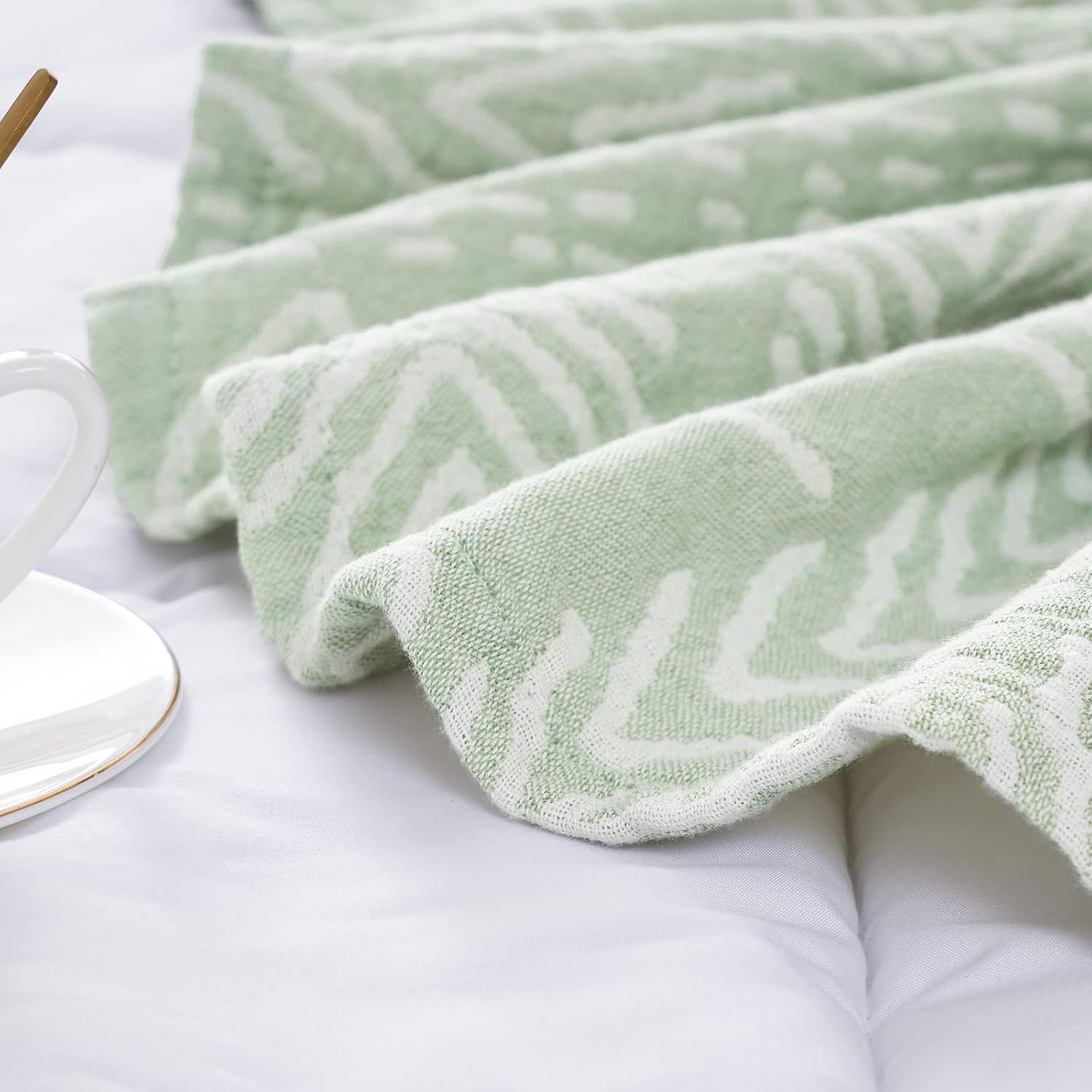 Green Striped Muslin Cotton Boho Throw Blanket