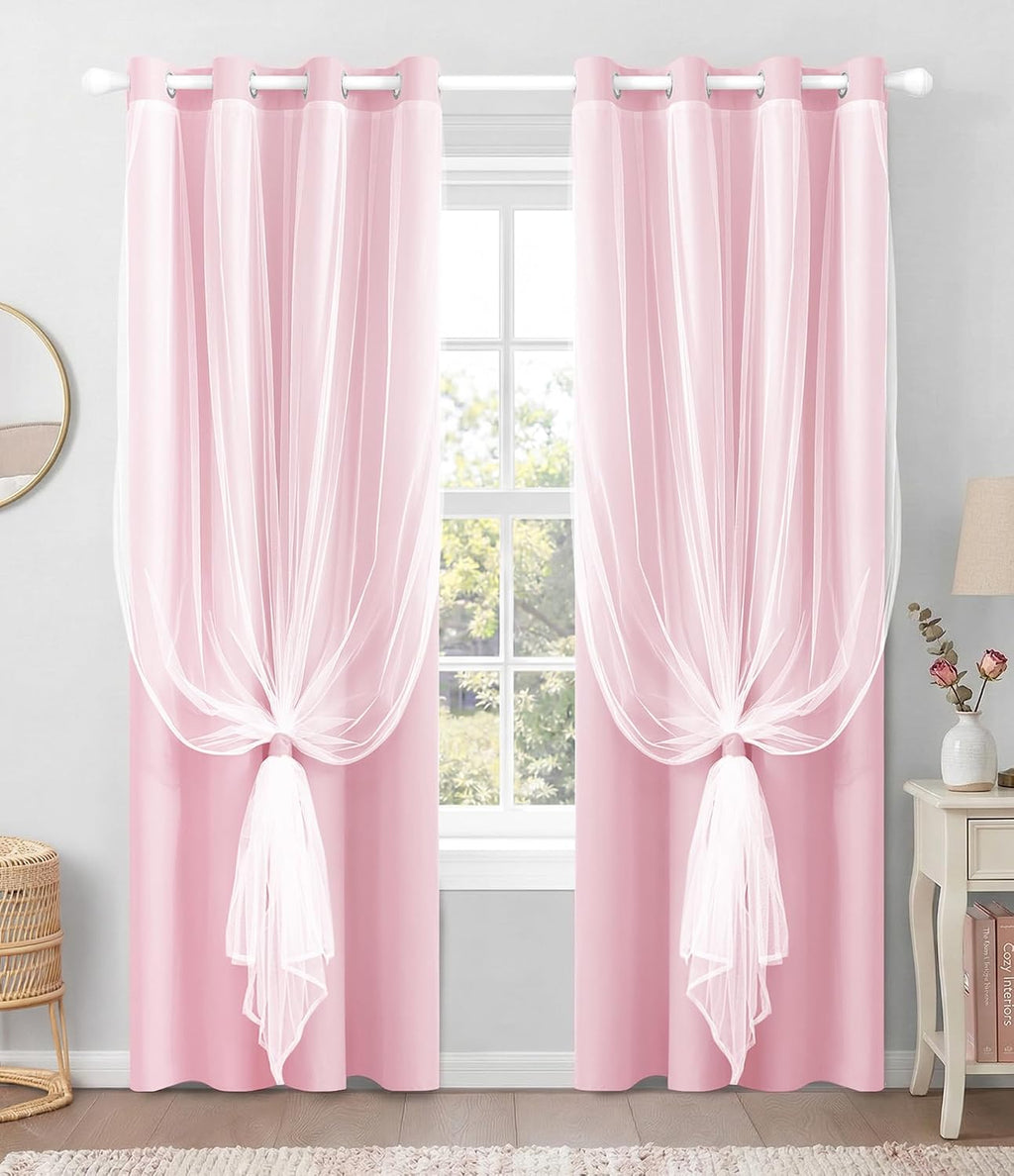 Pink Double Layer 100% Blackout Curtains 96 Inch 2 Panels