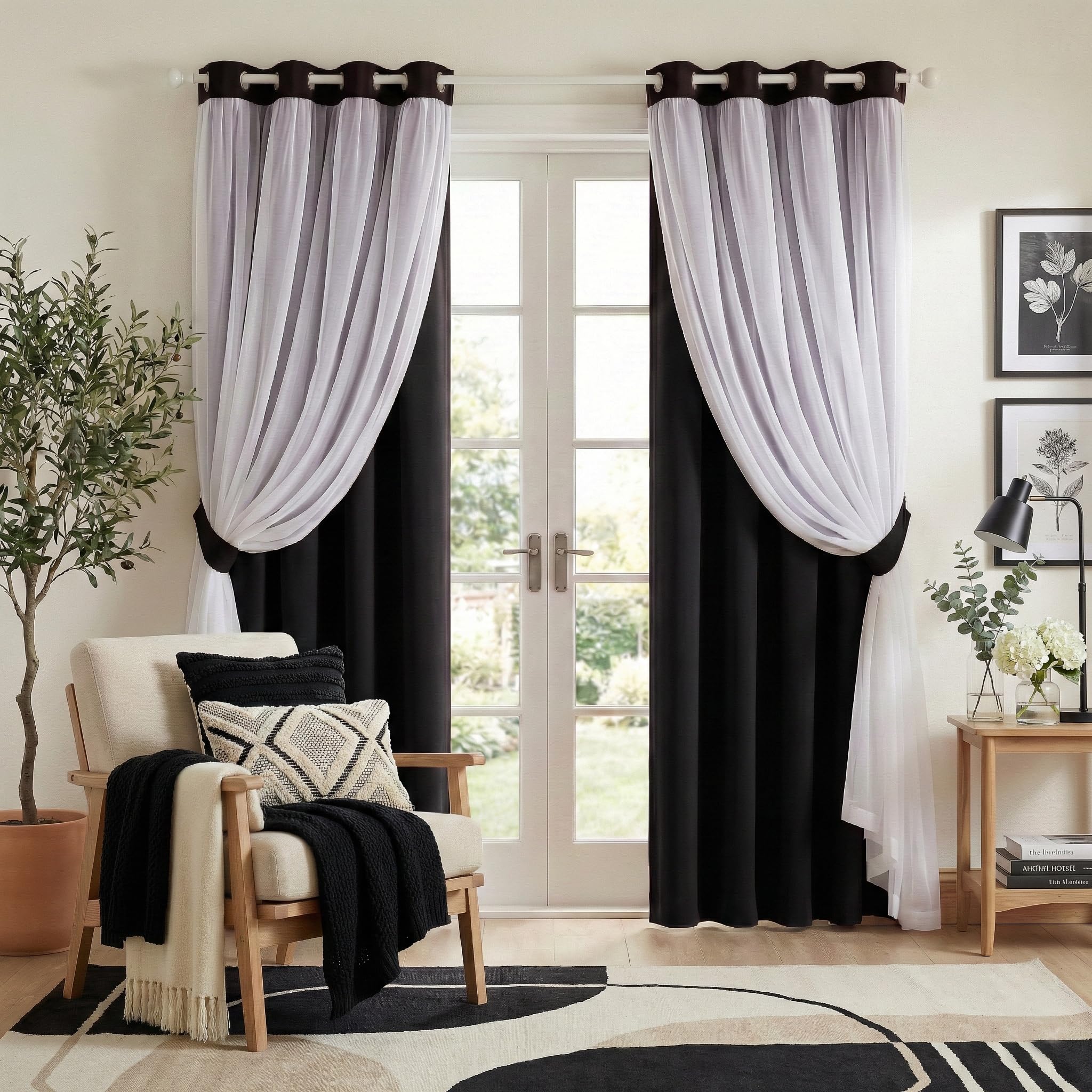 Black Double Layer Short Blackout Curtains 63 Inch 2 Panels