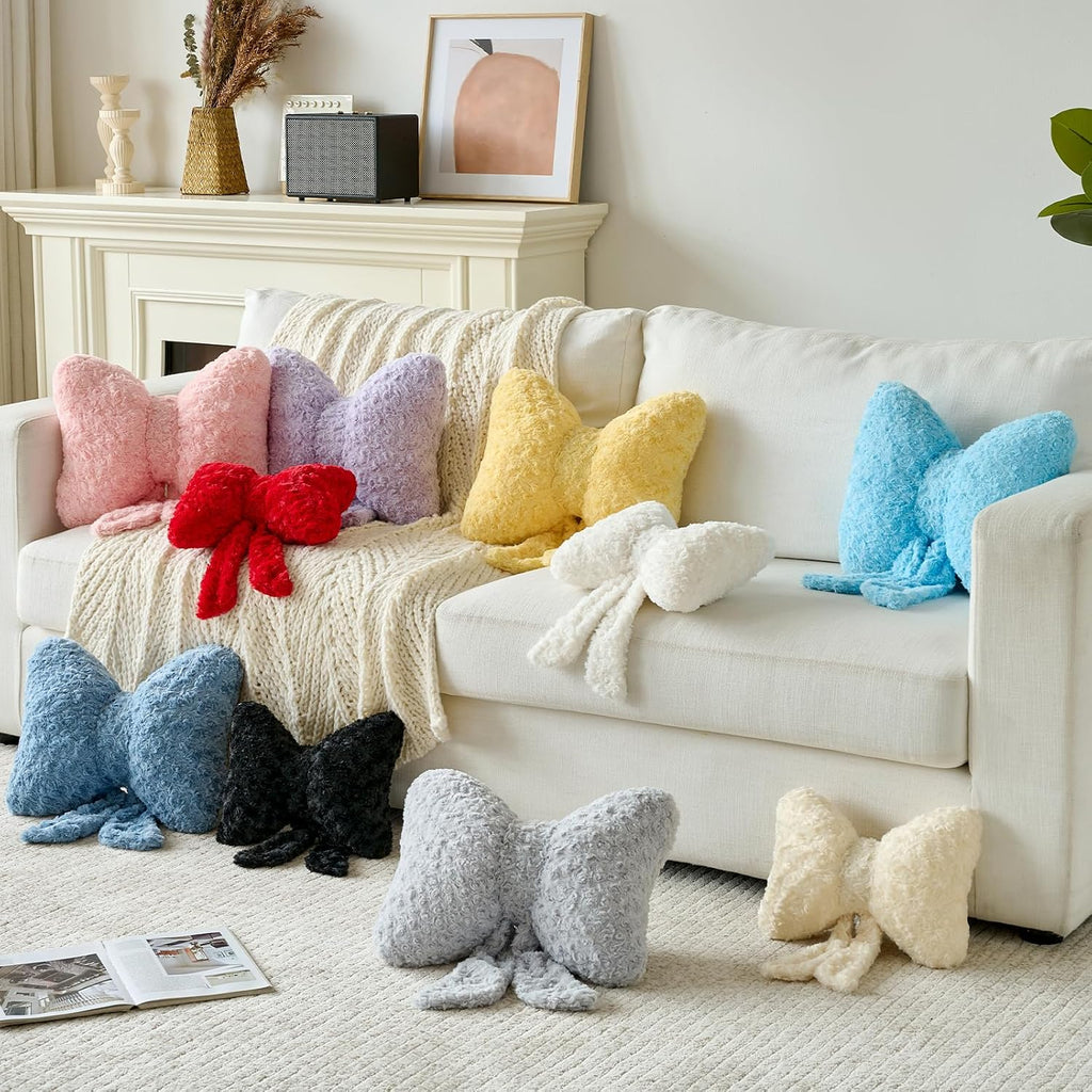 Black Plush Bow Throw Pillow