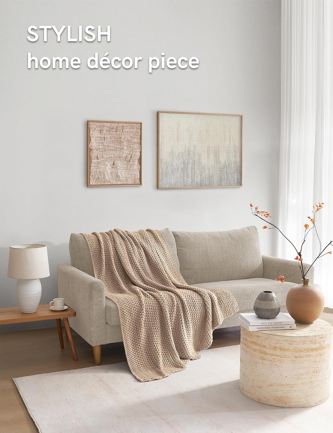 Beige Cable Knit Cotton Throw Blanket