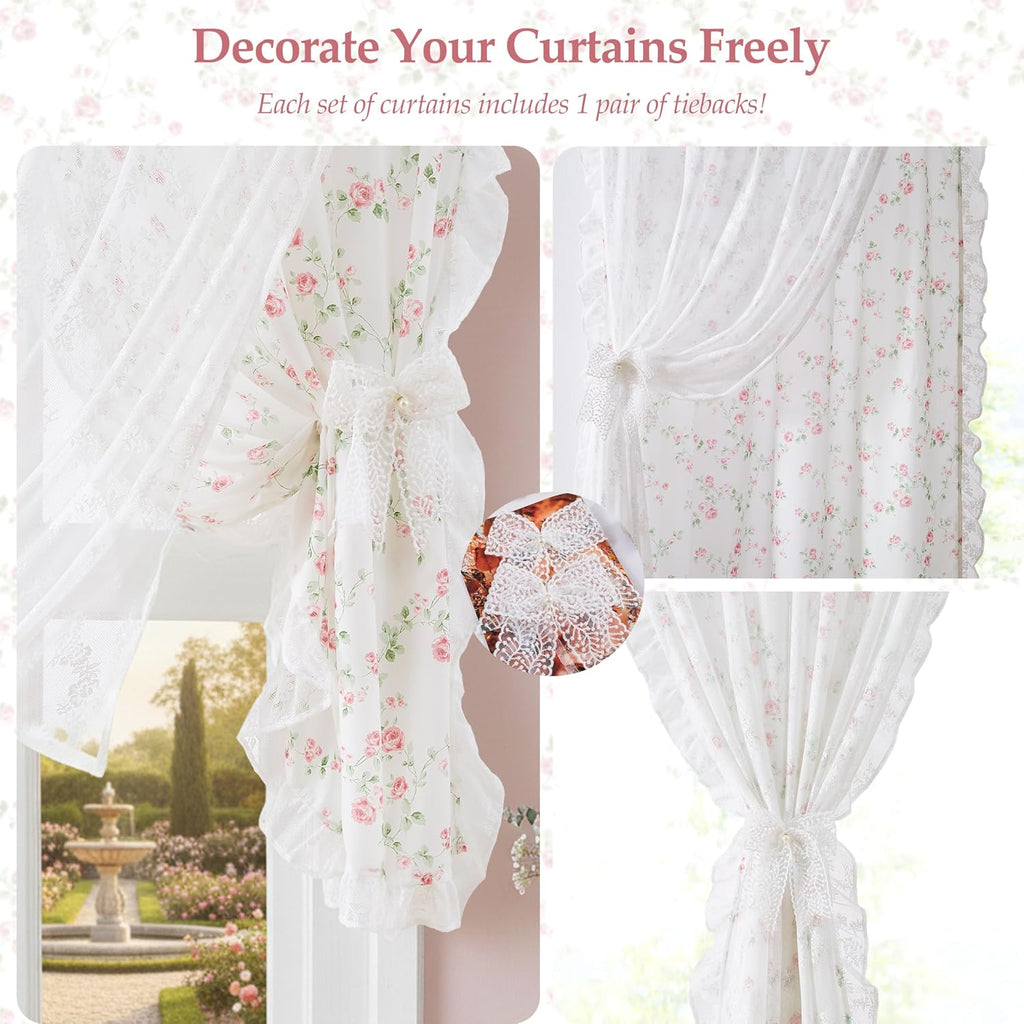 Pink Floral Lace Ruffle Sheer Curtains