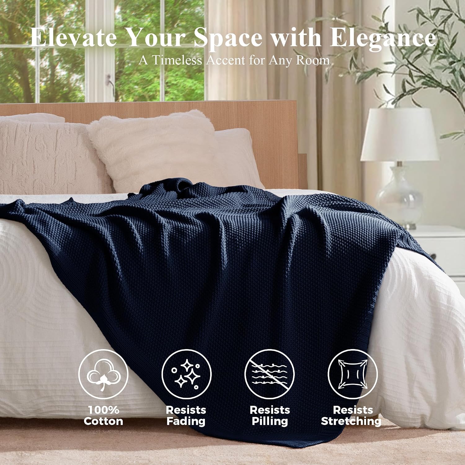 Navy Cable Knit Cotton Throw Blanket