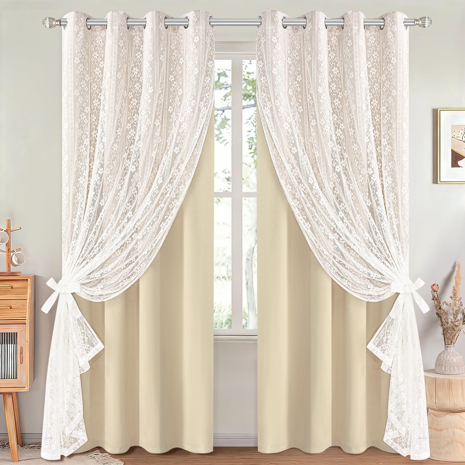 Beige Boho Linen Double Layer Curtains 2 Panels