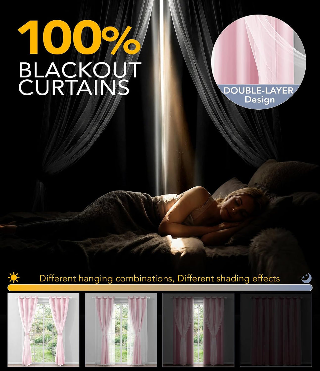 Pink Double Layer 100% Blackout Curtains 96 Inch 2 Panels