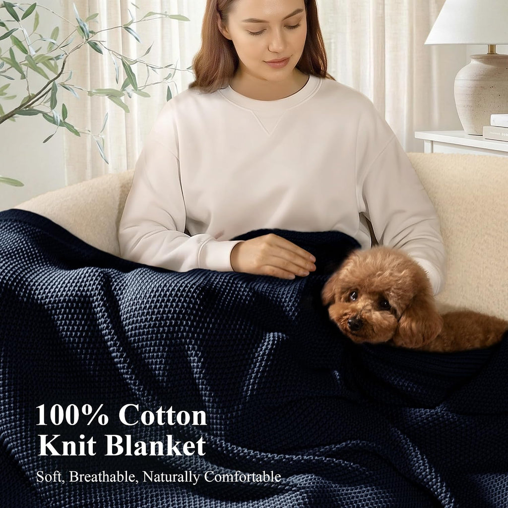 Navy Cable Knit Cotton Throw Blanket