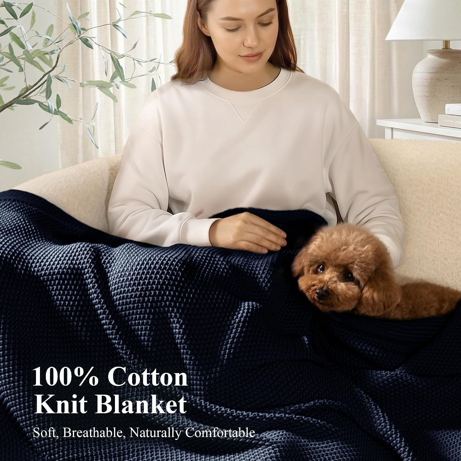 Navy Cable Knit Cotton Throw Blanket