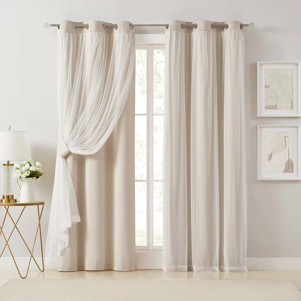 Beige Double Layer Thermal Blackout Curtains 2 Panels