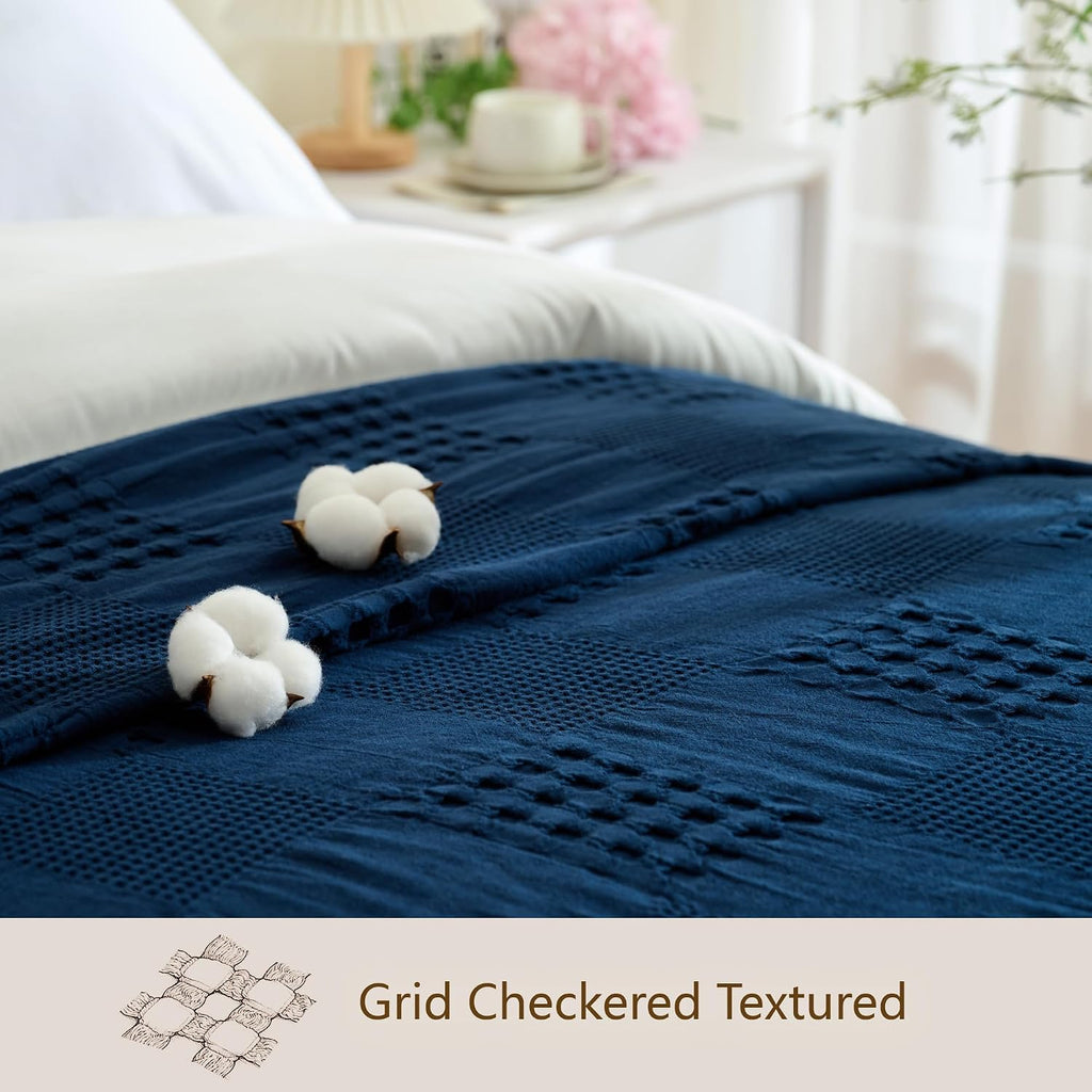 Navy Blue Waffle Weave Cotton Throw Blanket