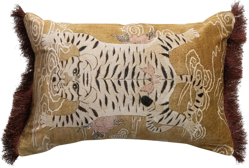 Tiger Print Fringe Velvet Lumbar Pillow