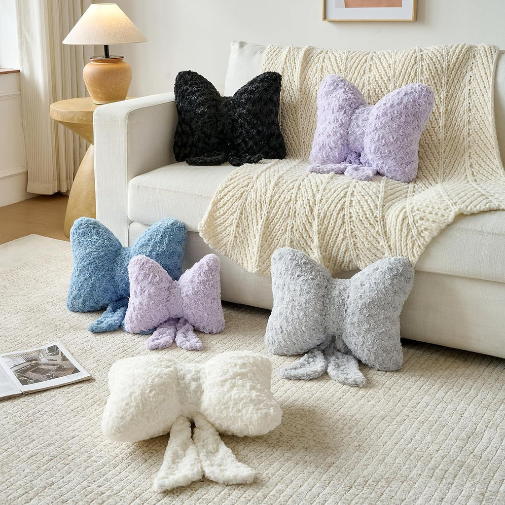 Black Plush Bow Throw Pillow
