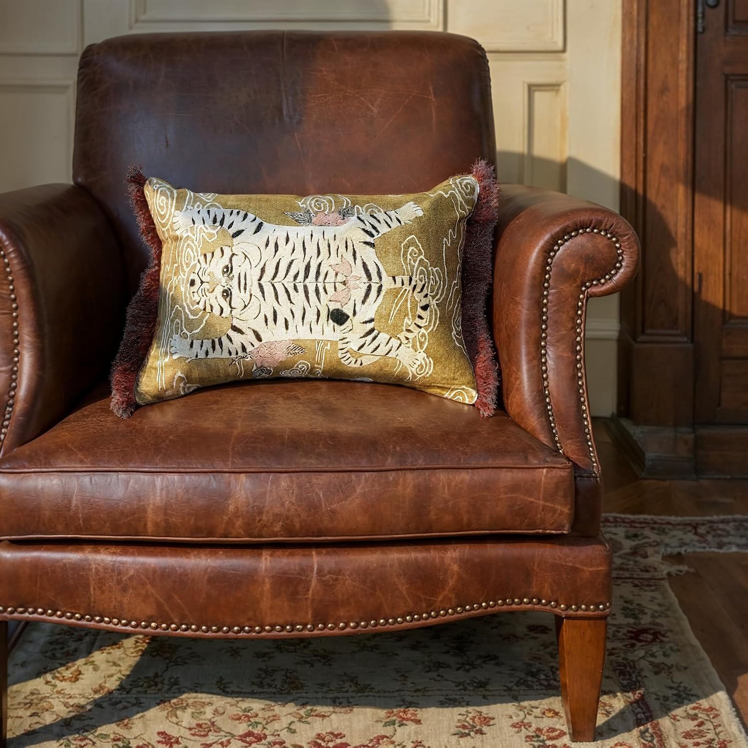 Tiger Print Fringe Velvet Lumbar Pillow