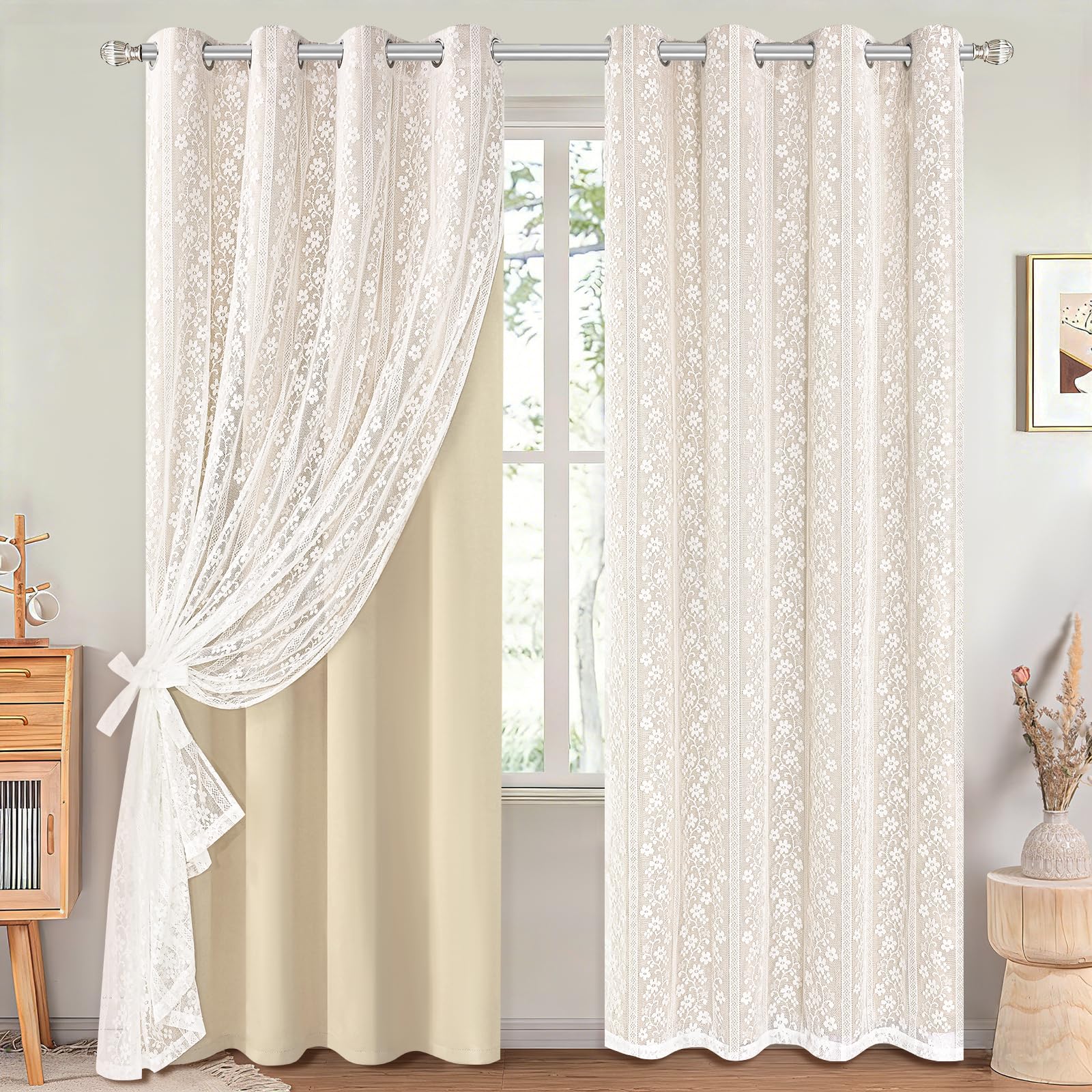 Beige Boho Linen Double Layer Curtains 2 Panels