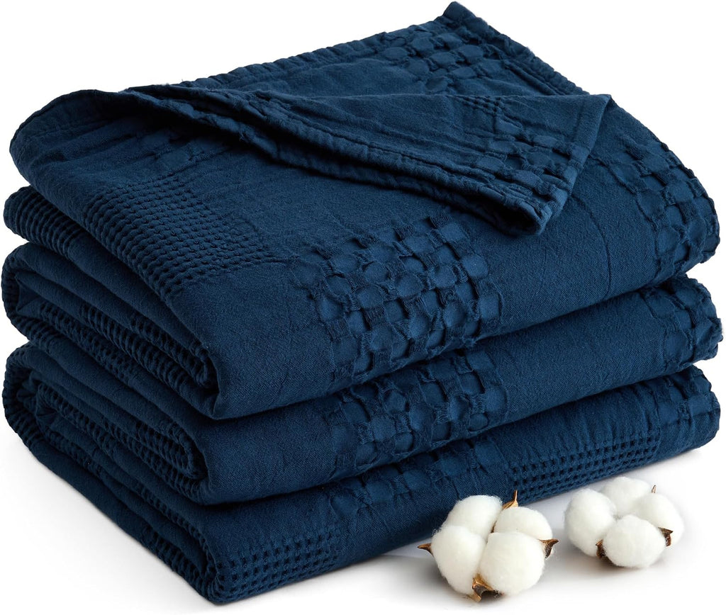 Navy Blue Waffle Weave Cotton Throw Blanket