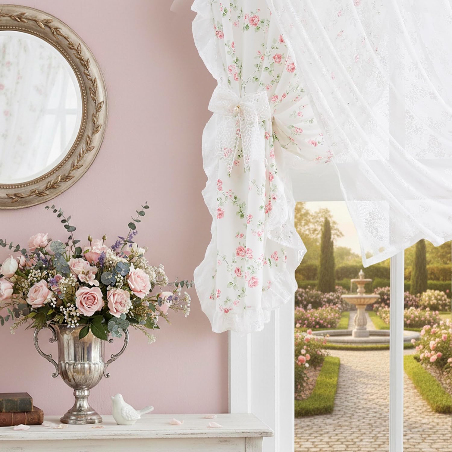 Pink Floral Lace Ruffle Sheer Curtains