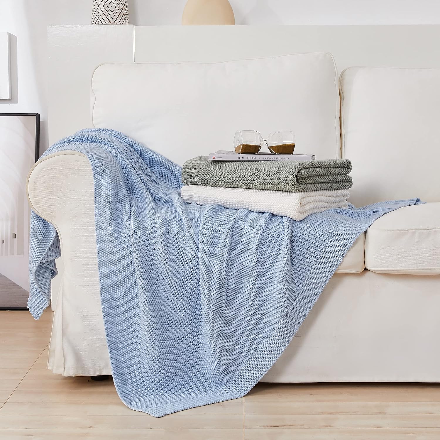 Light Blue Cable Knit Cotton Throw Blanket