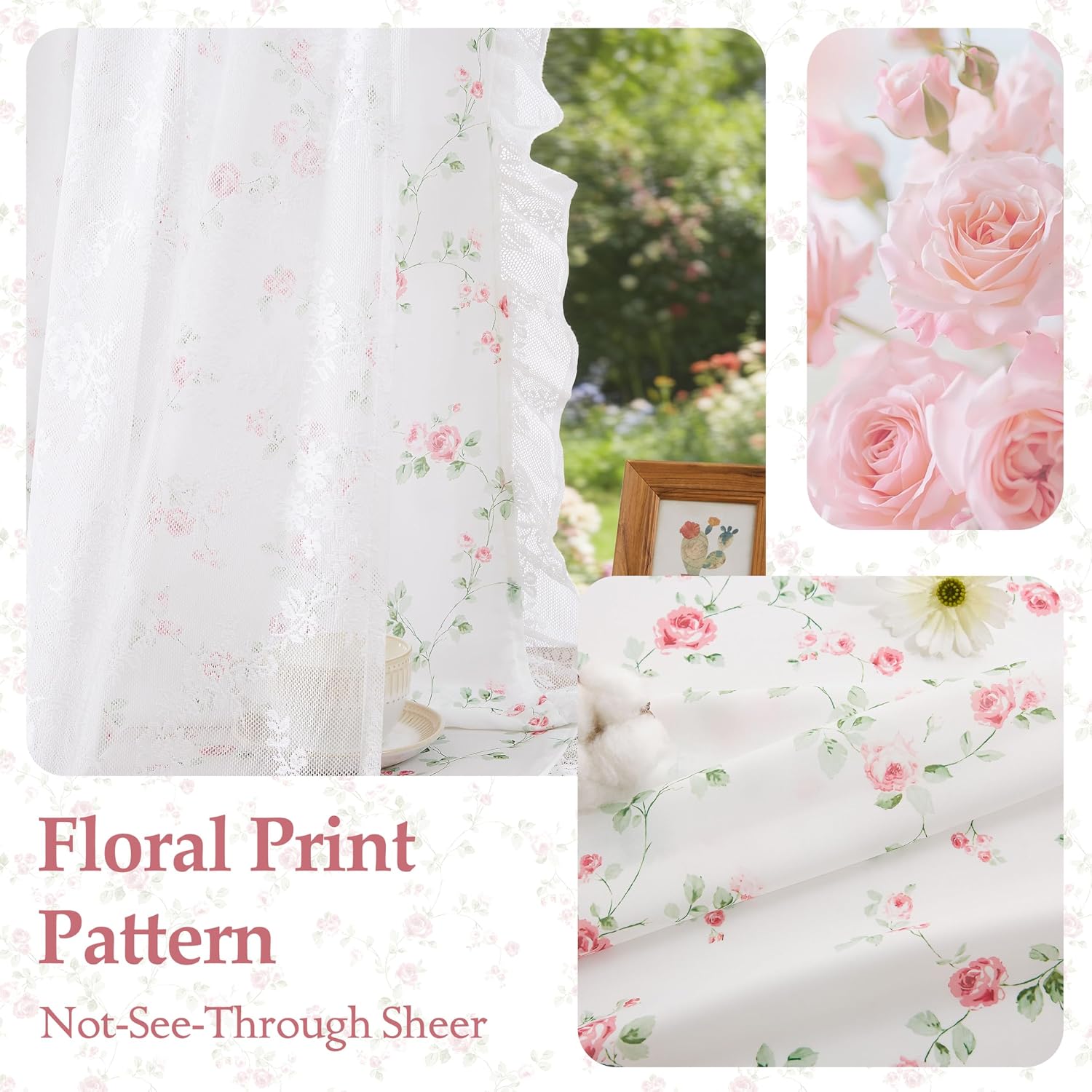 Pink Floral Lace Ruffle Sheer Curtains