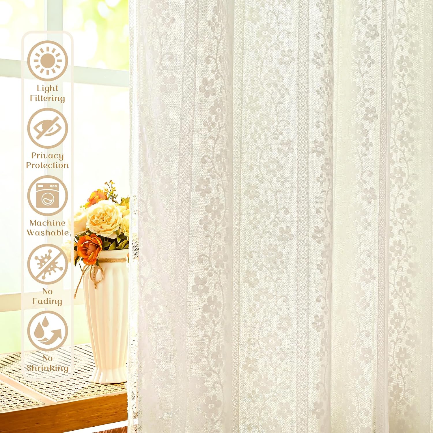 Beige Boho Linen Double Layer Curtains 2 Panels