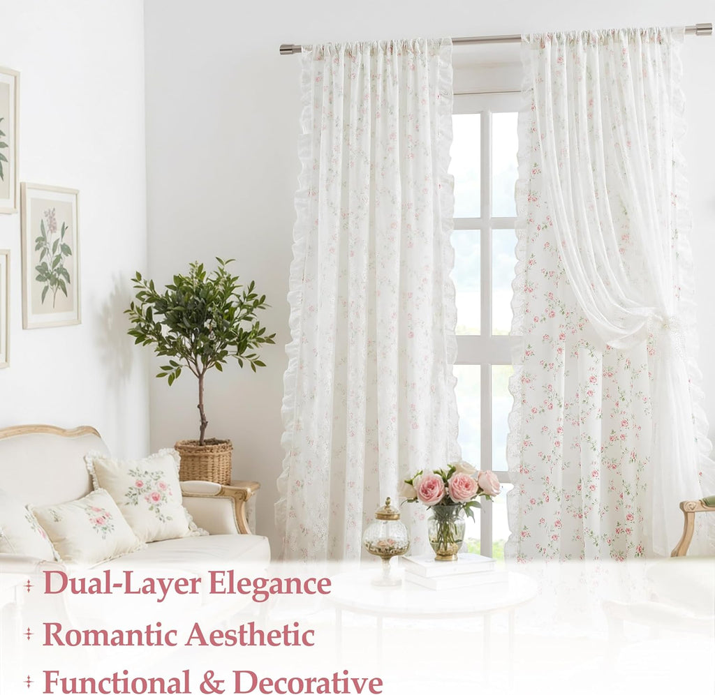 Pink Floral Lace Ruffle Sheer Curtains