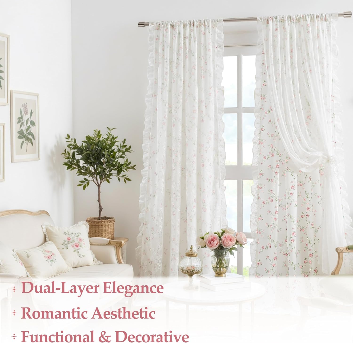 Pink Floral Lace Ruffle Sheer Curtains