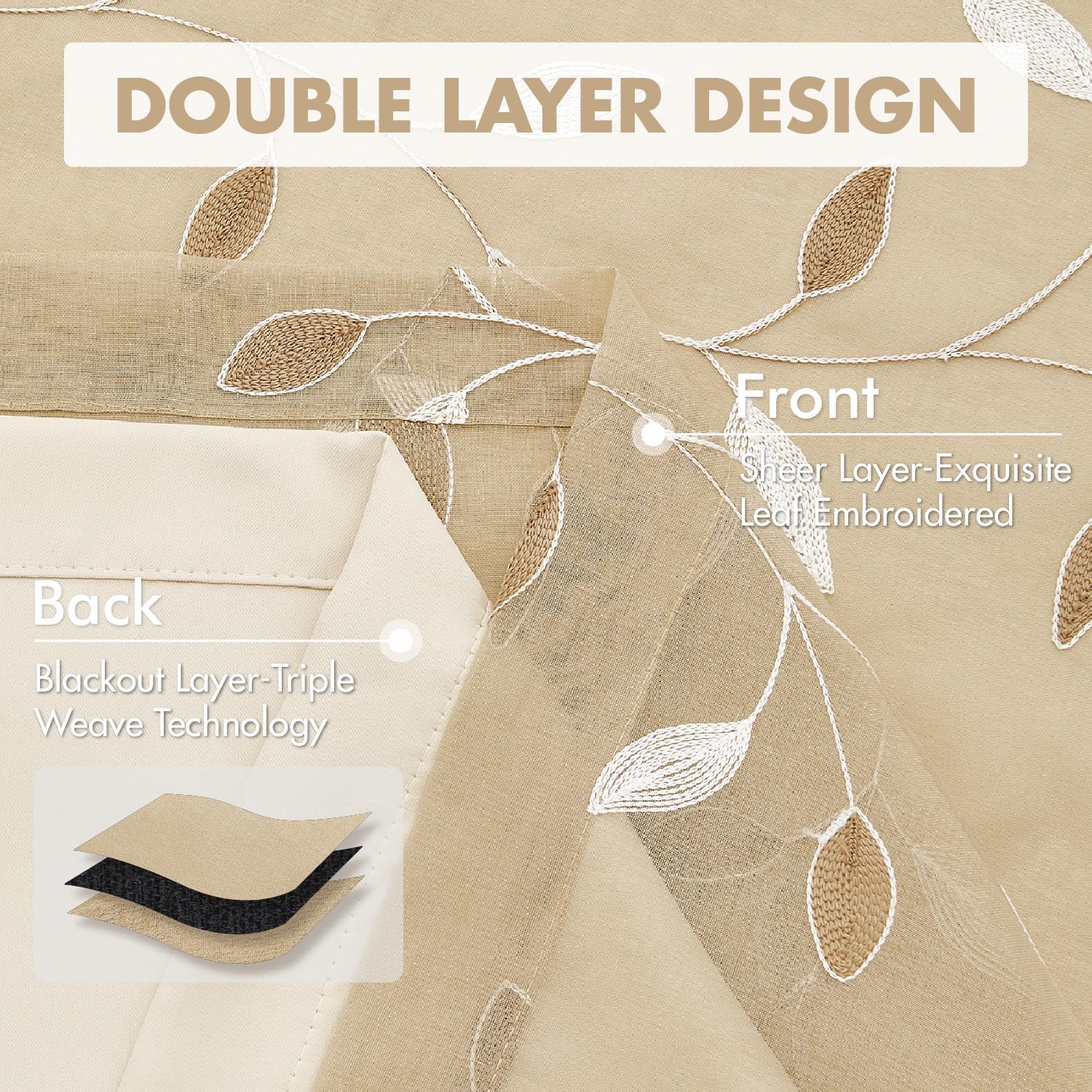 Beige Floral Double Layer Blackout Curtains 2 Panels
