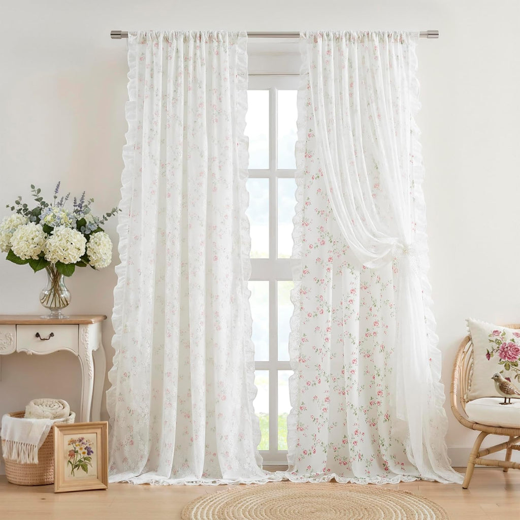 Pink Floral Lace Ruffle Sheer Curtains
