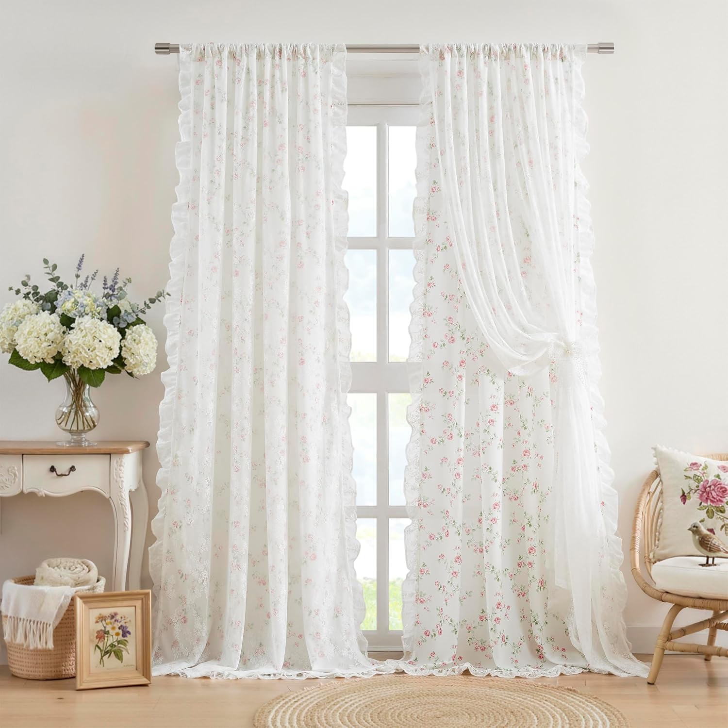 Pink Floral Lace Ruffle Sheer Curtains