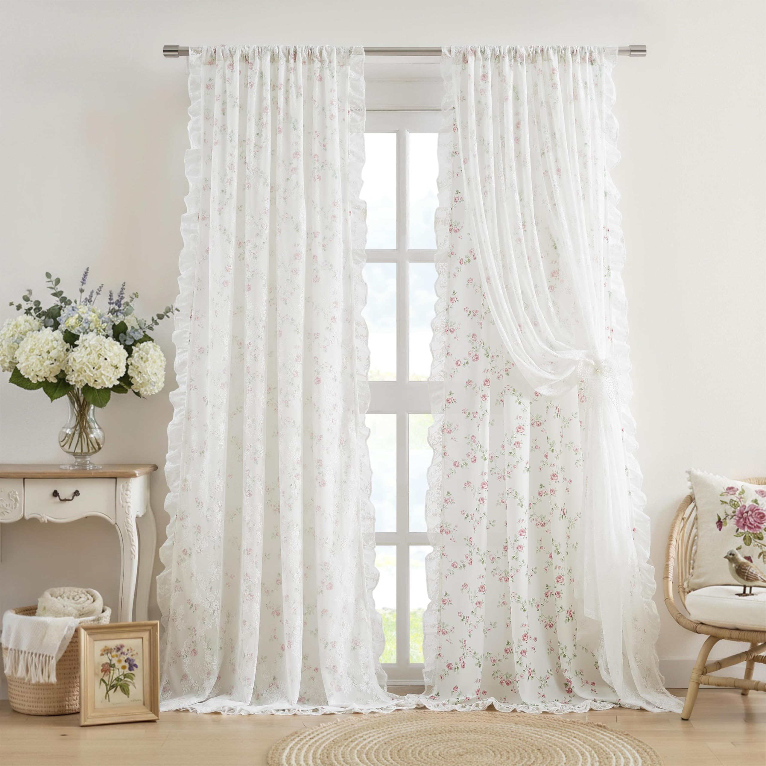 Pink Floral Lace Ruffle Sheer Curtains